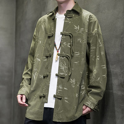 Buddha Stones Fall Winter Tang Style Frog Button Bamboo Print Corduroy Men's Long Sleeve Shirts - OliveDrab - US/UK/AU46，EU56 (5XL) - image 0