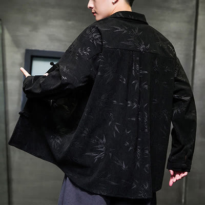 Buddha Stones Fall Winter Tang Style Frog Button Bamboo Print Corduroy Men's Long Sleeve Shirts - image 21