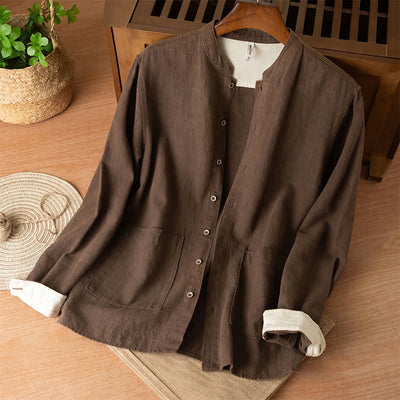 Buddha Stones Fall Casual Tang Style Mandarin Collar Solid Linen Men's Long Sleeve Shirts With Pockets - SaddleBrown - US/UK/AU44，EU54 (4XL) - image 0
