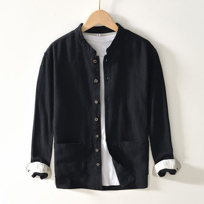 Buddha Stones Fall Casual Tang Style Mandarin Collar Solid Linen Men's Long Sleeve Shirts With Pockets - image 8