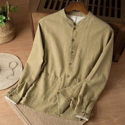 Buddha Stones Fall Casual Tang Style Mandarin Collar Solid Linen Men's Long Sleeve Shirts With Pockets - DarkKhaki - US/UK/AU44，EU54 (4XL) - image 19