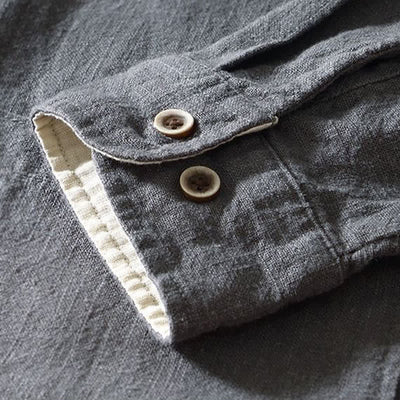 Buddha Stones Fall Casual Tang Style Mandarin Collar Solid Linen Men's Long Sleeve Shirts With Pockets - image 18