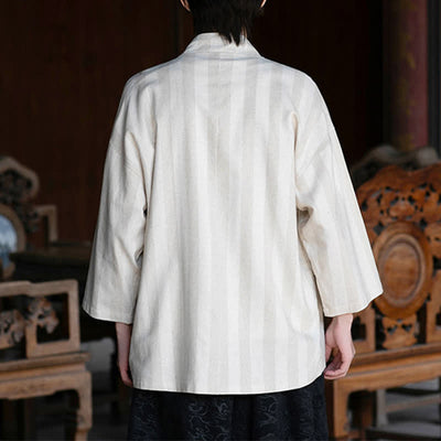 Buddha Stones Spring Summer Casual Tang Style Drawstring Solid Cotton Linen Three-Quarter Sleeve Men's Kimono With Pocket - image 4