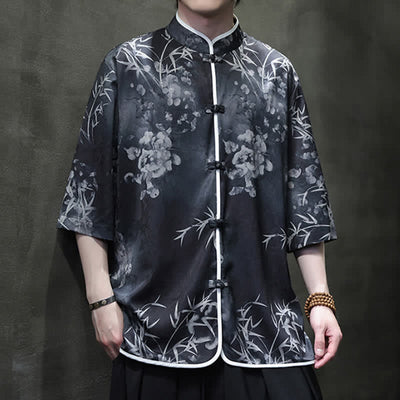 Buddha Stones Spring Summer Vintage Tang Style Mandarin Collar Bamboo Print Men's Elbow-Length Sleeve Shirts - image 16