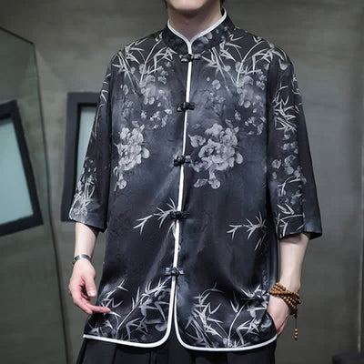 Buddha Stones Spring Summer Vintage Tang Style Mandarin Collar Bamboo Print Men's Elbow-Length Sleeve Shirts - image 11