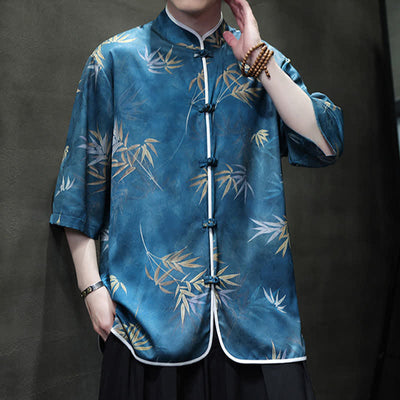 Buddha Stones Spring Summer Vintage Tang Style Mandarin Collar Bamboo Print Men's Elbow-Length Sleeve Shirts - image 20
