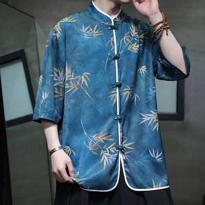 Buddha Stones Spring Summer Vintage Tang Style Mandarin Collar Bamboo Print Men's Elbow-Length Sleeve Shirts - image 24