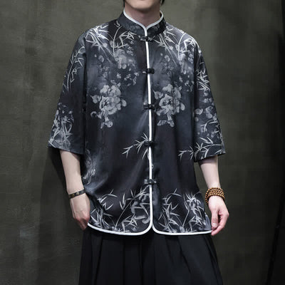 Buddha Stones Spring Summer Vintage Tang Style Mandarin Collar Bamboo Print Men's Elbow-Length Sleeve Shirts - Black - US/UK/AU46，EU56 (5XL) - image 10