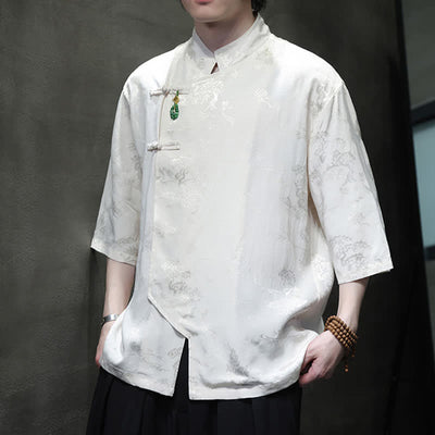 Buddha Stones Spring Tang Style Elegant Mandarin Collar Frog Button Men's Elbow-Length Sleeve Shirts - White - US/UK/AU46，EU56 (5XL) - image 0
