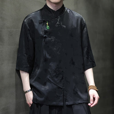 Buddha Stones Spring Tang Style Elegant Mandarin Collar Frog Button Men's Elbow-Length Sleeve Shirts - image 10