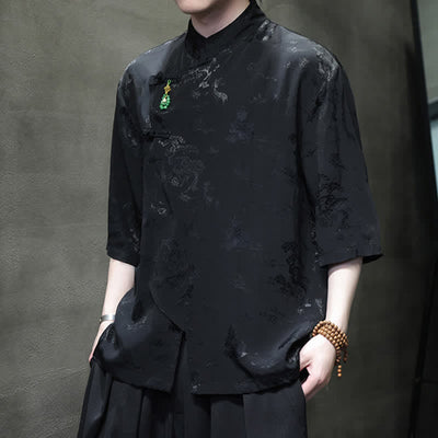 Buddha Stones Spring Tang Style Elegant Mandarin Collar Frog Button Men's Elbow-Length Sleeve Shirts - image 15