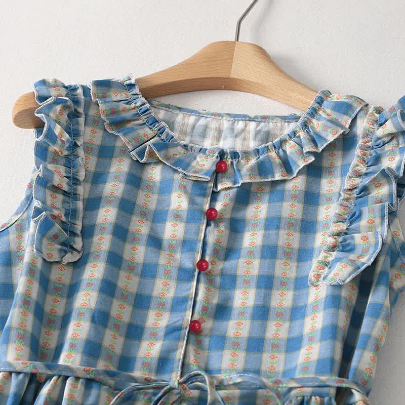 Buddha Stones Summer Button-Up Drawstring Gingham Women's Summer Sleeveless Dress With Pockets - image 4
