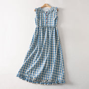 Foviel Summer Button-Up Drawstring Gingham Women's Summer Sleeveless Dress With Pockets