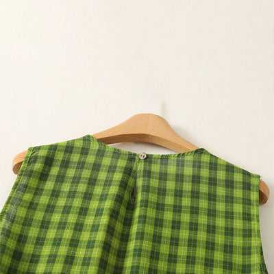 Buddha Stones Summer Casual Green Plaid Pattern Ruffles Cotton Tank Top Women's Sleeveless Shirts - image 3