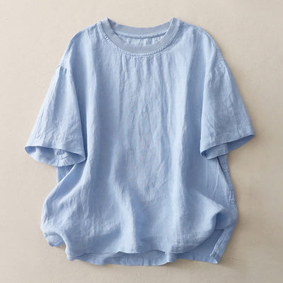Buddha Stones Plain Threaded Crew Neck Design Women's Polyester Short Sleeves Shirt - LightSkyBlue - US14，UK/AU18，EU46 (2XL) - image 0