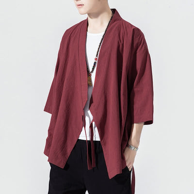 Buddha Stones Summer Casual Minimalist Drawstring Solid Elbow-Length Sleeve Men's Kimono - FireBrick - US/UK/AU46, EU56 (5XL) - image 19