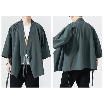 Buddha Stones Summer Casual Minimalist Drawstring Solid Elbow-Length Sleeve Men's Kimono - image 4