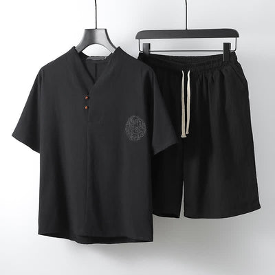 Buddha Stones 2Pcs Summer Tang Style Casual Embroidery Solid Cotton Linen Short Sleeve Shirt Shorts Men's Meditation Cloth With Pocket - Black - US/UK/AU54, EU64 (9XL) - image 3
