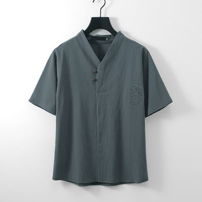 Buddha Stones 2Pcs Summer Tang Style Casual Embroidery Solid Cotton Linen Short Sleeve Shirt Shorts Men's Meditation Cloth With Pocket - image 1
