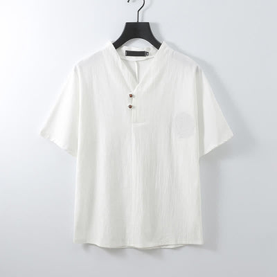 Buddha Stones 2Pcs Summer Tang Style Casual Embroidery Solid Cotton Linen Short Sleeve Shirt Shorts Men's Meditation Cloth With Pocket - image 13