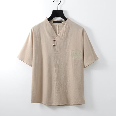 Buddha Stones 2Pcs Summer Tang Style Casual Embroidery Solid Cotton Linen Short Sleeve Shirt Shorts Men's Meditation Cloth With Pocket - image 10