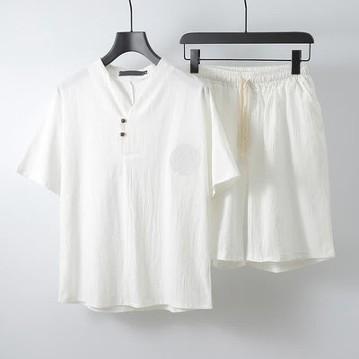 Buddha Stones 2Pcs Summer Tang Style Casual Embroidery Solid Cotton Linen Short Sleeve Shirt Shorts Men's Meditation Cloth With Pocket - White - US/UK/AU54, EU64 (9XL) - image 12