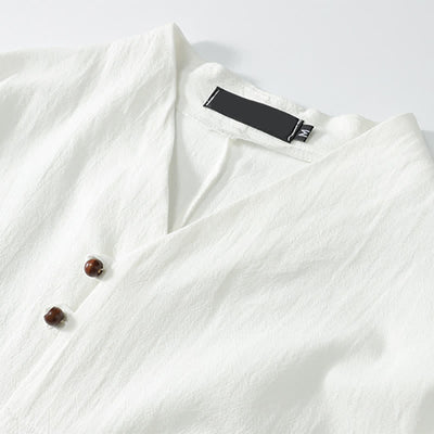 Buddha Stones 2Pcs Summer Tang Style Casual Embroidery Solid Cotton Linen Short Sleeve Shirt Shorts Men's Meditation Cloth With Pocket - image 17
