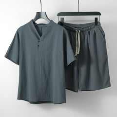Buddha Stones 2Pcs Summer Tang Style Casual Embroidery Solid Cotton Linen Short Sleeve Shirt Shorts Men's Meditation Cloth With Pocket - DimGray - US/UK/AU54, EU64 (9XL) - image 0