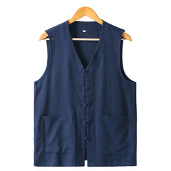 Buddha Stones Summer Tang Style Casual Frog Button Solid V-Neck Tank Top Men's Sleeveless Shirts With Pockets - Navy - US/UK/AU46, EU56 (5XL) - image 0