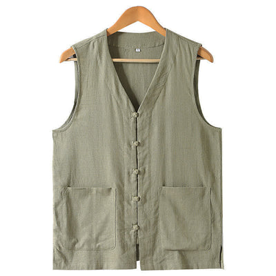 Buddha Stones Summer Tang Style Casual Frog Button Solid V-Neck Tank Top Men's Sleeveless Shirts With Pockets - DarkKhaki - US/UK/AU46, EU56 (5XL) - image 1