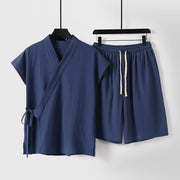 Foviel 2Pcs Summer Meditation Tang Style Drawstring Solid Cotton Linen Short Sleeve Shirt Shorts Men's Meditation Cloth With Pockets