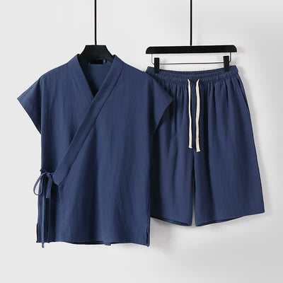 Buddha Stones 2Pcs Summer Meditation Tang Style Drawstring Solid Cotton Linen Short Sleeve Shirt Shorts Men's Meditation Cloth With Pockets - Navy - US/UK/AU54, EU64 (9XL) - image 0