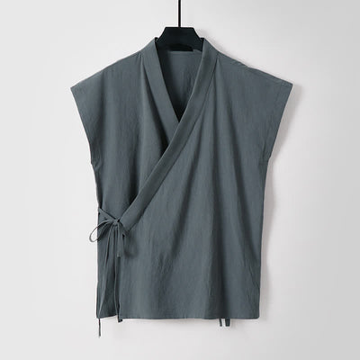 Buddha Stones 2Pcs Summer Meditation Tang Style Drawstring Solid Cotton Linen Short Sleeve Shirt Shorts Men's Meditation Cloth With Pockets - image 7