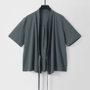 Foviel Summer Casual Minimalist Short Sleeve Solid Lace-up Open Front Cotton Linen Men's Kimono