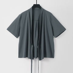 Buddha Stones Summer Casual Minimalist Short Sleeve Solid Lace-up Open Front Cotton Linen Men's Kimono - DimGray - US/UK/AU54, EU64 (9XL) - image 0