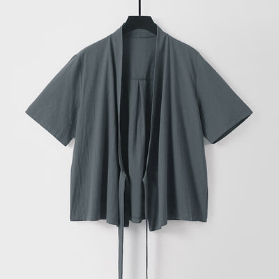 Buddha Stones Summer Casual Minimalist Short Sleeve Solid Lace-up Open Front Cotton Linen Men's Kimono - DimGray - US/UK/AU54, EU64 (9XL) - image 0