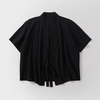 Buddha Stones Summer Casual Minimalist Short Sleeve Solid Lace-up Open Front Cotton Linen Men's Kimono - image 4