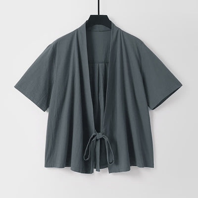 Buddha Stones Summer Casual Minimalist Short Sleeve Solid Lace-up Open Front Cotton Linen Men's Kimono - image 1