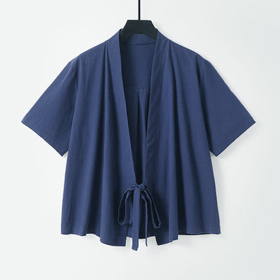 Buddha Stones Summer Casual Minimalist Short Sleeve Solid Lace-up Open Front Cotton Linen Men's Kimono - Navy - US/UK/AU54, EU64 (9XL) - image 5