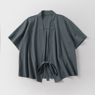 Buddha Stones Summer Casual Minimalist Short Sleeve Solid Lace-up Open Front Cotton Linen Men's Kimono - image 2