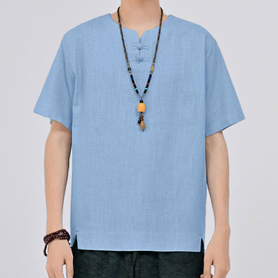 Buddha Stones Summer Tang Style Minimalist Two Frog Button Crew Neck Solid Men's Short Sleeve Shirts - image 17