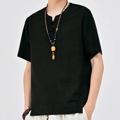 Buddha Stones Summer Tang Style Minimalist Two Frog Button Crew Neck Solid Men's Short Sleeve Shirts - image 13