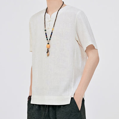 Buddha Stones Summer Tang Style Minimalist Two Frog Button Crew Neck Solid Men's Short Sleeve Shirts - image 2