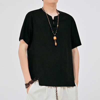 Buddha Stones Summer Tang Style Minimalist Two Frog Button Crew Neck Solid Men's Short Sleeve Shirts - image 8