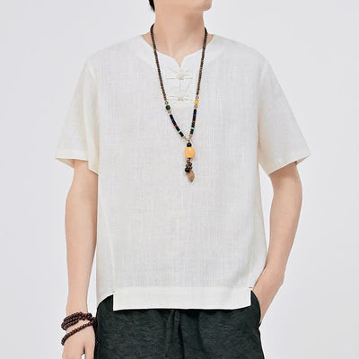 Buddha Stones Summer Tang Style Minimalist Two Frog Button Crew Neck Solid Men's Short Sleeve Shirts - White - US/UK/AU46, EU56 (5XL) - image 0