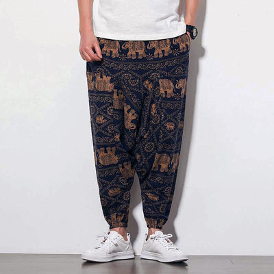 Buddha Stones Elephant Brown Black Print Men's Long Cropped Harem Pants With Pockets - image 1