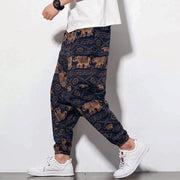 Foviel Elephant Brown Black Print Men's Long Cropped Harem Pants With Pockets