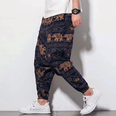Buddha Stones Elephant Brown Black Print Men's Long Cropped Harem Pants With Pockets - image 5