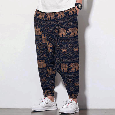 Buddha Stones Elephant Brown Black Print Men's Long Cropped Harem Pants With Pockets - image 3