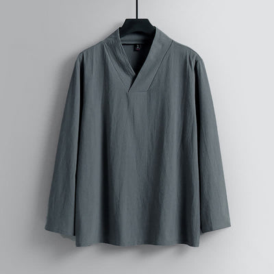 Buddha Stones Cross-Collars Cotton Linen Tang Suit Hanfu Top Pants Clothing Men's Set - image 1